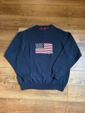 Vintage Cotton Traders American Flag Navy Knit Sweater Size Large RL Like